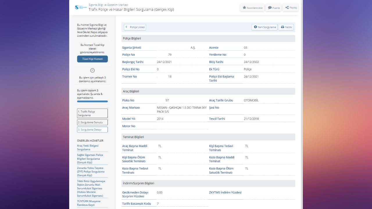 Проверка на оштетувања и полиси за осигурување преку е-Улога и СМС во Турција