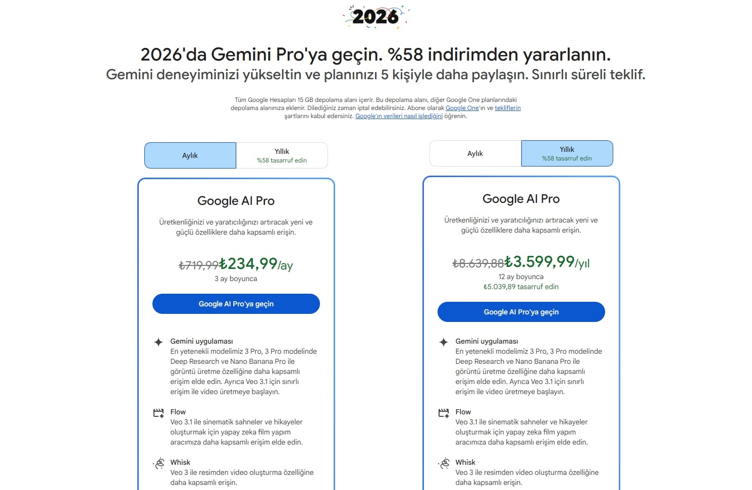 Акција: Попуст над 50% на Google Gemini AI пакетите во Турција за Plus, Pro и Ultra