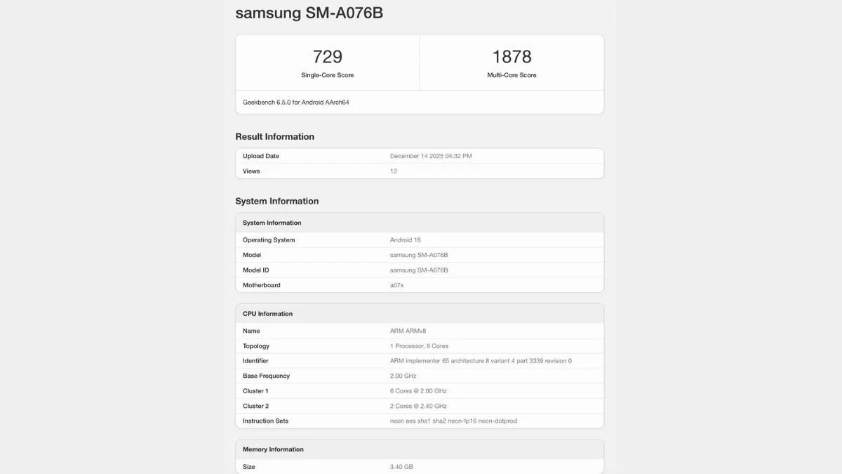 Galaxy A07 5G: Нови детали од Geekbench и течат на користениот Dimensity 6300