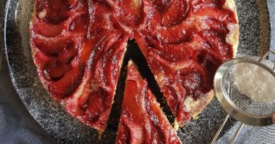 Различен начин на презентација со состојки и фази на печење на торта каде што е превртена