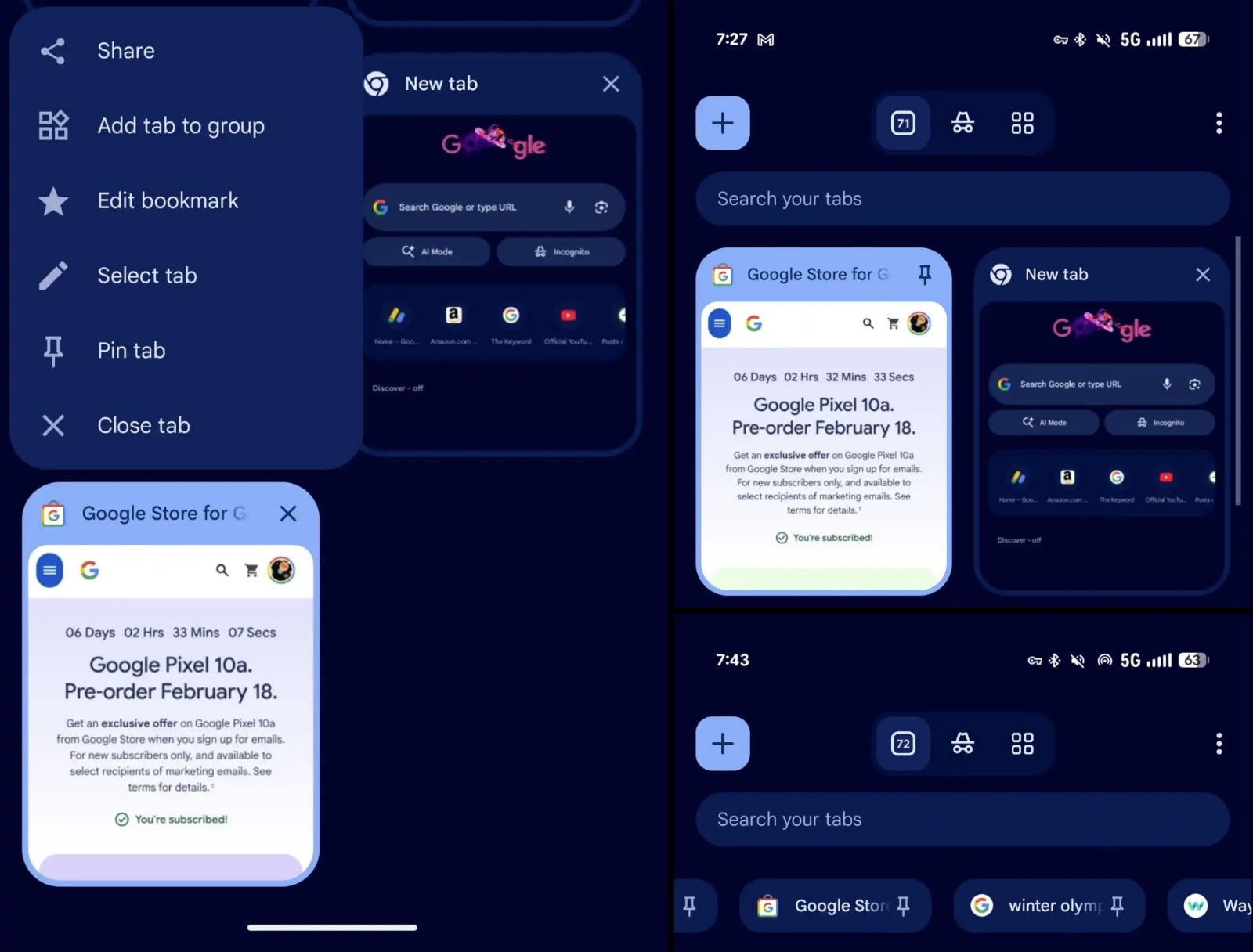 Зголемена употреба на функцијата за закрепнување на табови во Android со Chrome 144