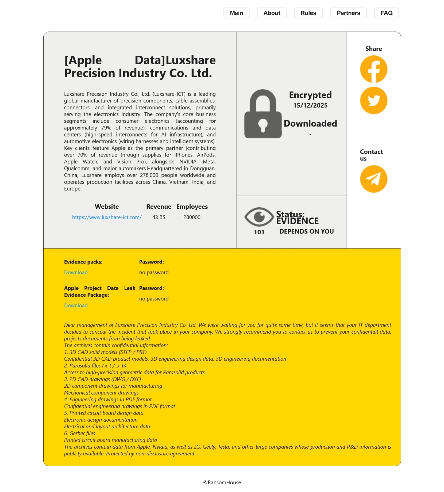 Luxshare Наводи за кршење на безбедноста на податоците: притисок од RansomHub и опфат на украдените фајлови