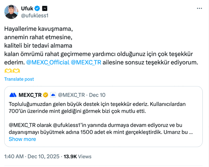 Поддршка за Ufuk со 2500 NFT од MEXC TR: Социјалниот ефект од кампањата Една монета, една надеж