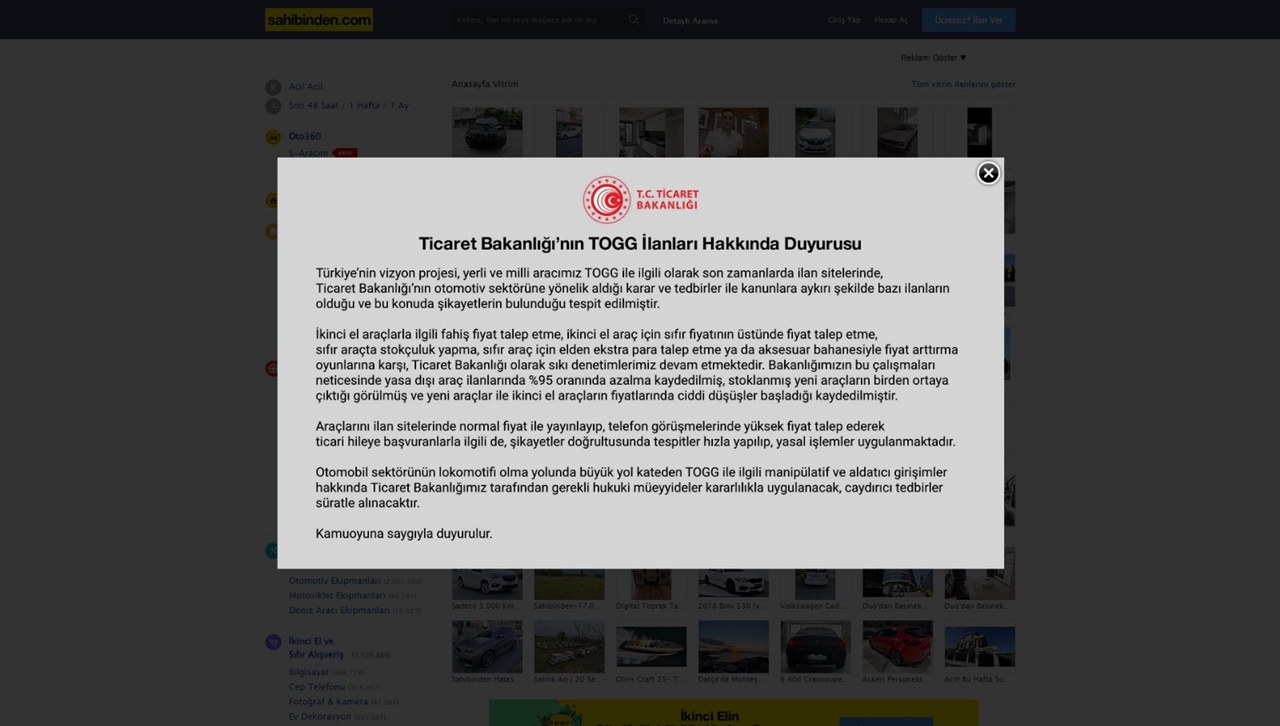 Обврзници на министерството за објави за TOGG и мерките на Sahibinden